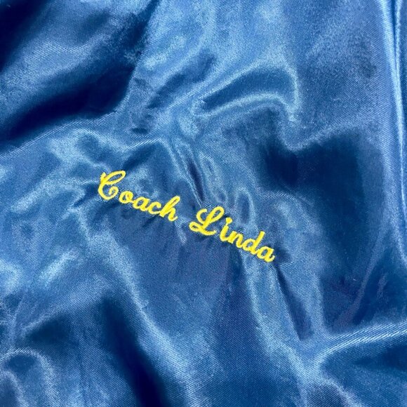 Y2K SATIN VARSITY BOMBER JACKET WESTSTARK TRENDY  SZ L BLUE/YELLOW MADE IN USA - Picture 12 of 16